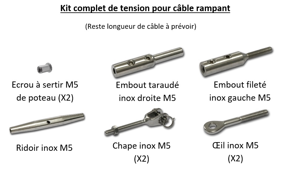 Kit tendeur complet inox M5 pour câbles Ø3mm pour garde-corps rampe  (escalier)